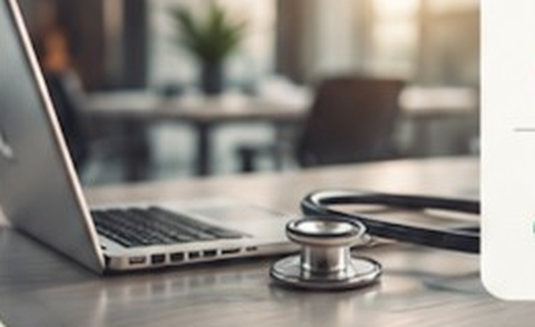 Laptop and stethoscope on an office desk